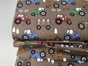 Bomuldsjersey - traktorer på brun bund